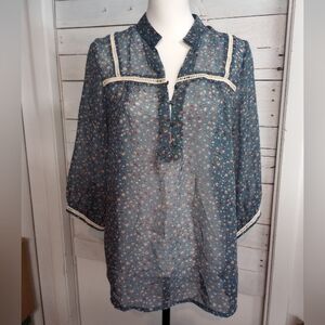 Poise Semi Sheer Floral Blouse Top Medium Blue Boho Peasant Gypsy Crochet Trim